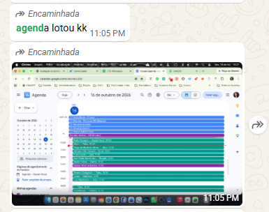 Mensagem do cliente dizendo que a agenda lotou, com print do Google Agenda cheio de reuniões